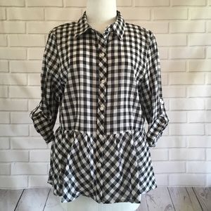 Love Notes Checkered Peplum Button Up Top Large